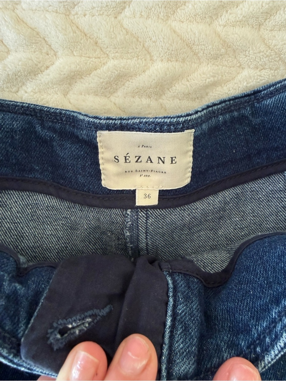 Sezane Dark Blue High-Waist Paperbag Denim Shorts with Belt - Picture 3 of 3
